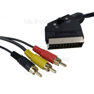 1.5m Scart Plug to 3x RCA Phono Plugs Adapter Cable with I/O Switch
