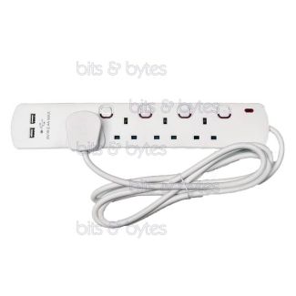 2.0m Extension Lead - 4 Gang with 2x USB Sockets
