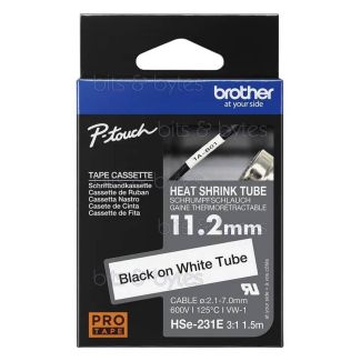 Brother HSe-231E Black on White Heat Shrink Tube Tape (11.2mm x 1.5m)