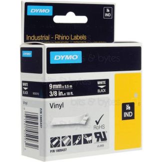 Dymo Rhino (1805437) White on Black Vinyl Tape (9mm x 5.5m)
