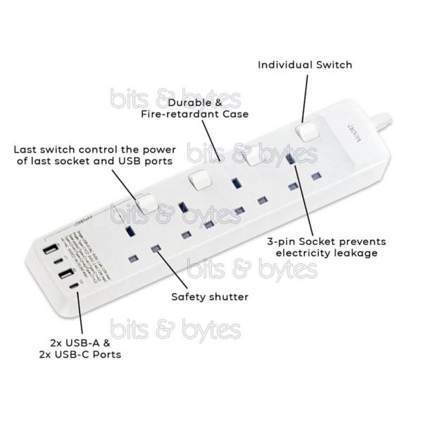 3.0m Extension Lead - 4 Gang with 2x USB-A & 2x USB-C Sockets