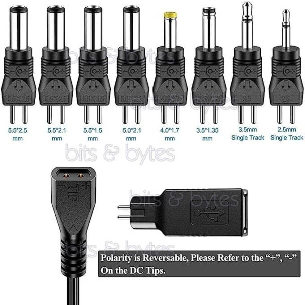 Universal AC-DC Power Supply Adapter - 3V to 12V 2.5A with 9 Detachable Connectors + USB Port